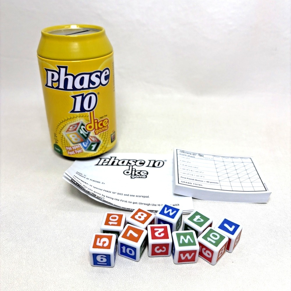 Phase 10 Dice Game Yellow Tin Soda Can 100% Complete Family Mattel 2011